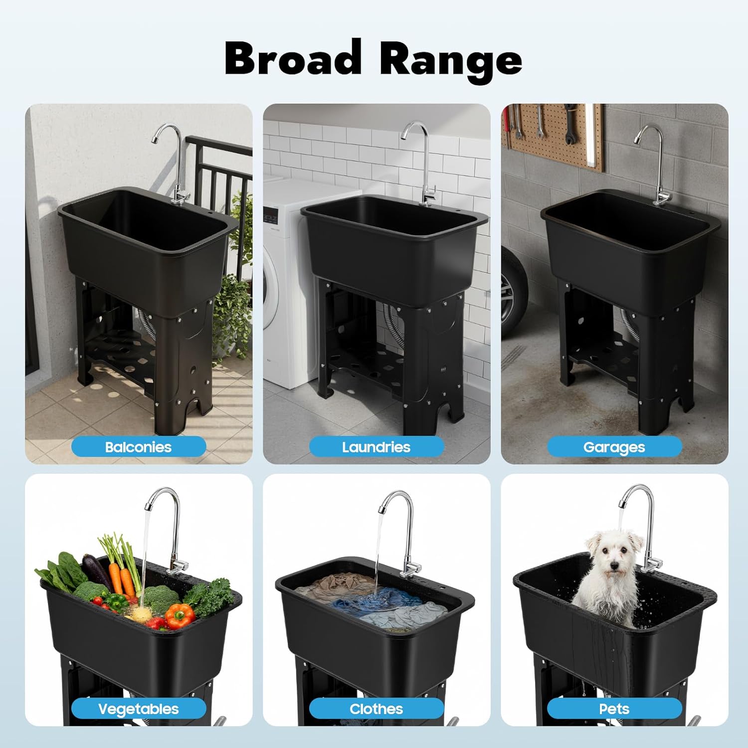 Black Utility Sink Freestanding Utility Sink with 360° Adjustable Faucet, Washboard, Pipe, Laundry Tub for Restaurants Laundries Stores Utility Rooms, Black Sink