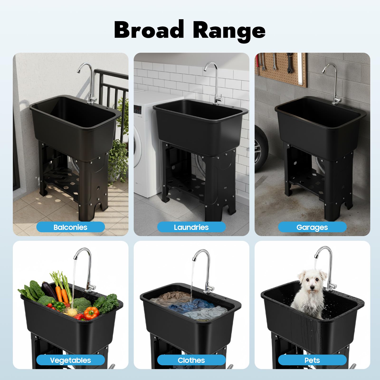 Waschbecken Spülbecken Ausgussbecken Waschtrog Becken 61x40x76.5cm Gewerbe Waschraum Garten Garage Keller Werkstatt Waschküche Waschtisch Außenwaschbecken mit Wasserhahn, Waschbrett, Schwarz