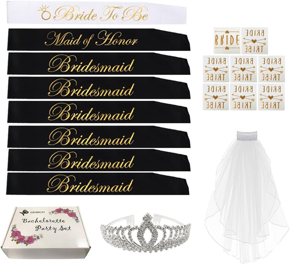 GEMICH BACHELORETTE PARTY SASH SET: Bride to be , Maid of Honor , 6 Bridesmaids Sashes and 8 Tattoos, Team Bride , Tiara, Veil, Bridal Shower Favors.