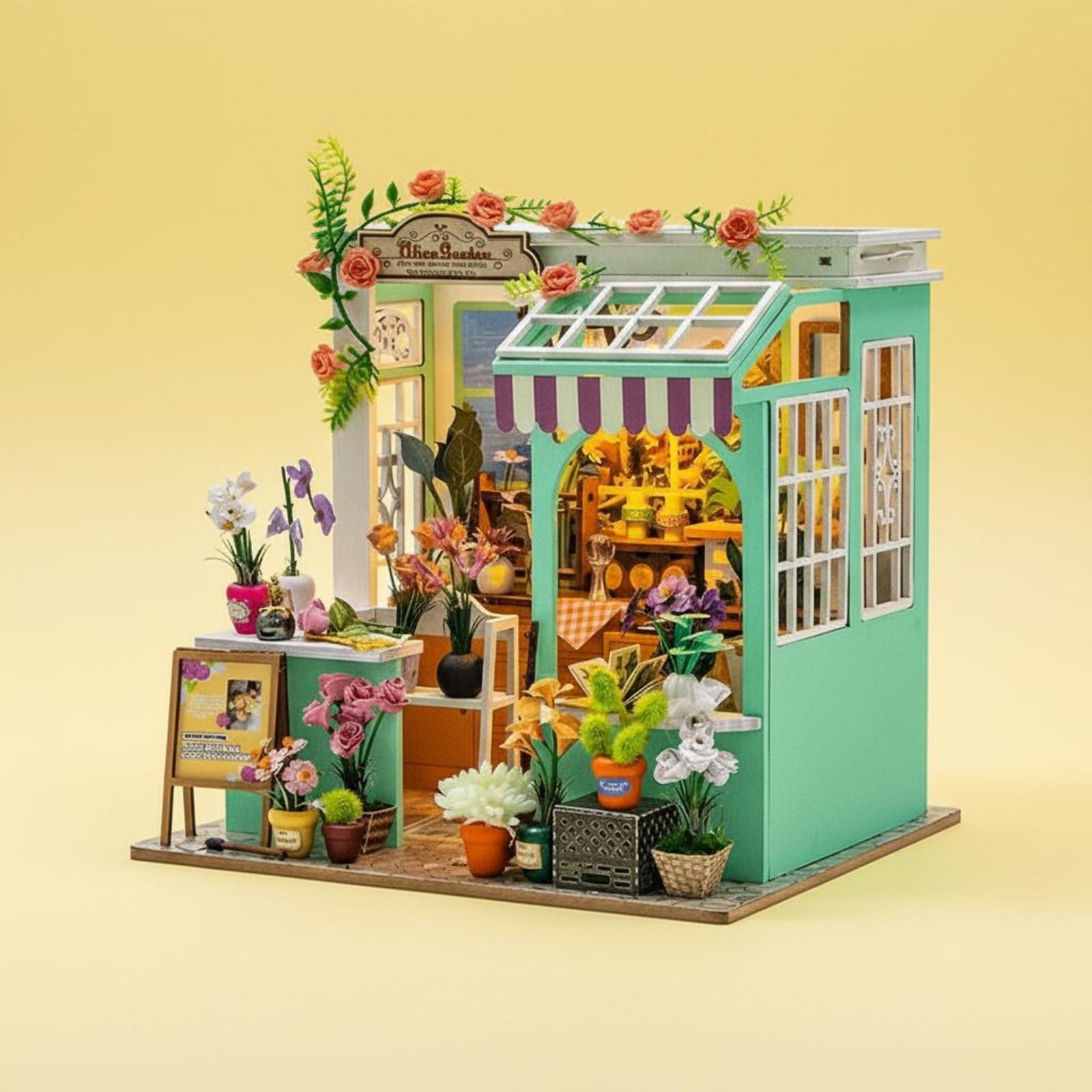 Figurine Casa in Miniatura Kit Modello Casa Bambole Boutique Fiori in Legno con Musica O Registrazioni da Smartphone Adatta a, Inglese