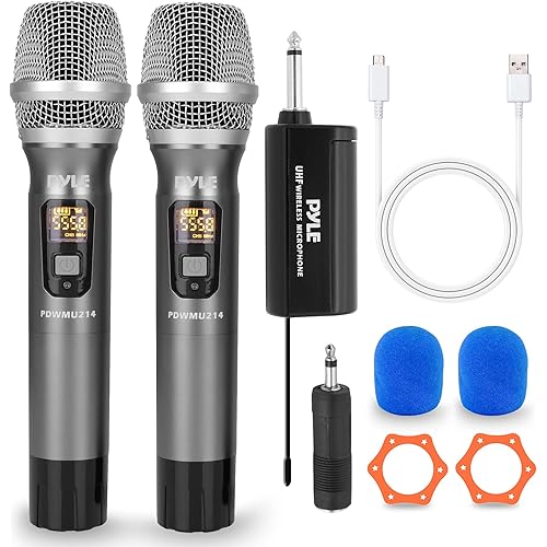 Pyle UHF Wireless Microphone System Kit - Dual Professional Battery Operated Handheld Dynamic Unidirectional Cordless Microphone Transmitter Set w/Adapter Receiver - PA Karaoke DJ Party PDWMU214,Black