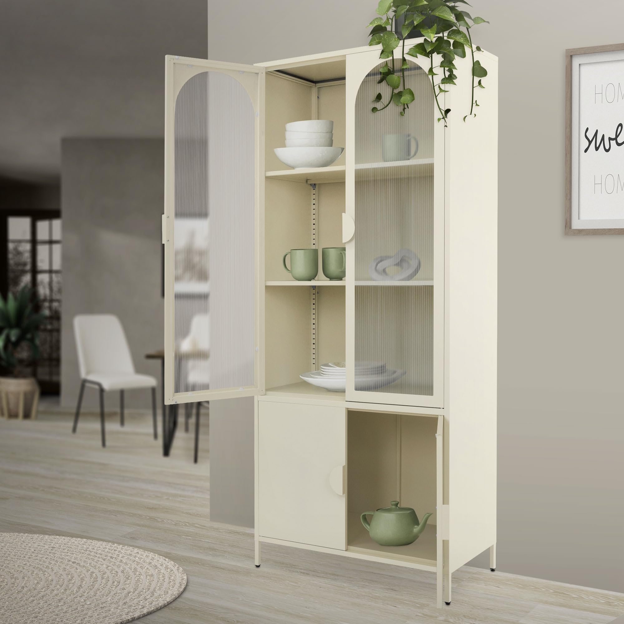 ML-Design Vitrinenschrank 80x185x40 cm aus Stahl, Creme, Küchenschrank mit 4 Ablage-/Regalfächer & 4 Türen, Metall Vitrine Hochschrank Bücherschrank Aktenschrank, Aufbewahrungsschrank für Wohnzimmer