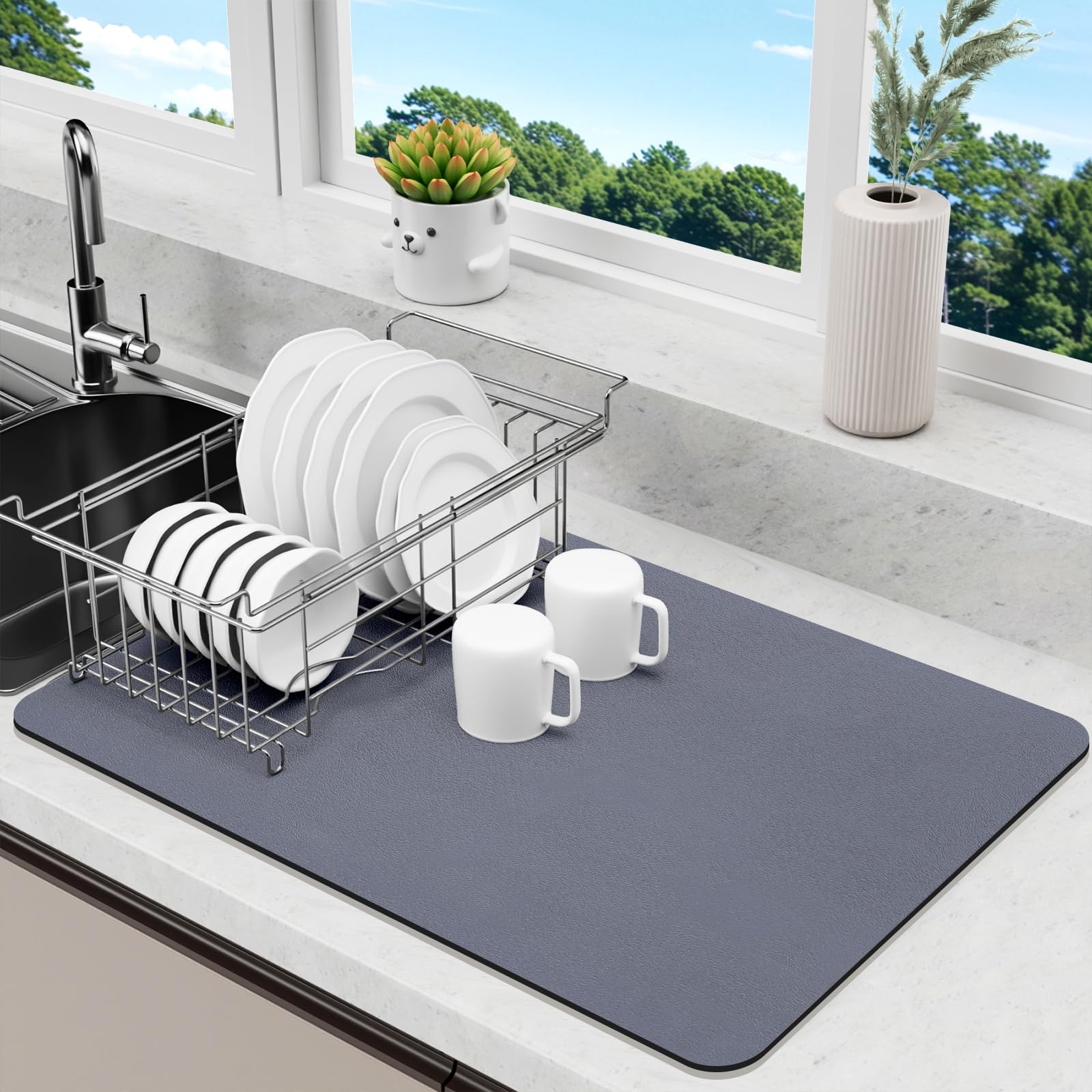 Dish Drying Mat for Kitchen Counter, Dish Drying Pad with Non-Slip Rubber Backed, Hide Stain Anti Absorbent for Kitchen Counter (Misty Gray, 71x44cm)