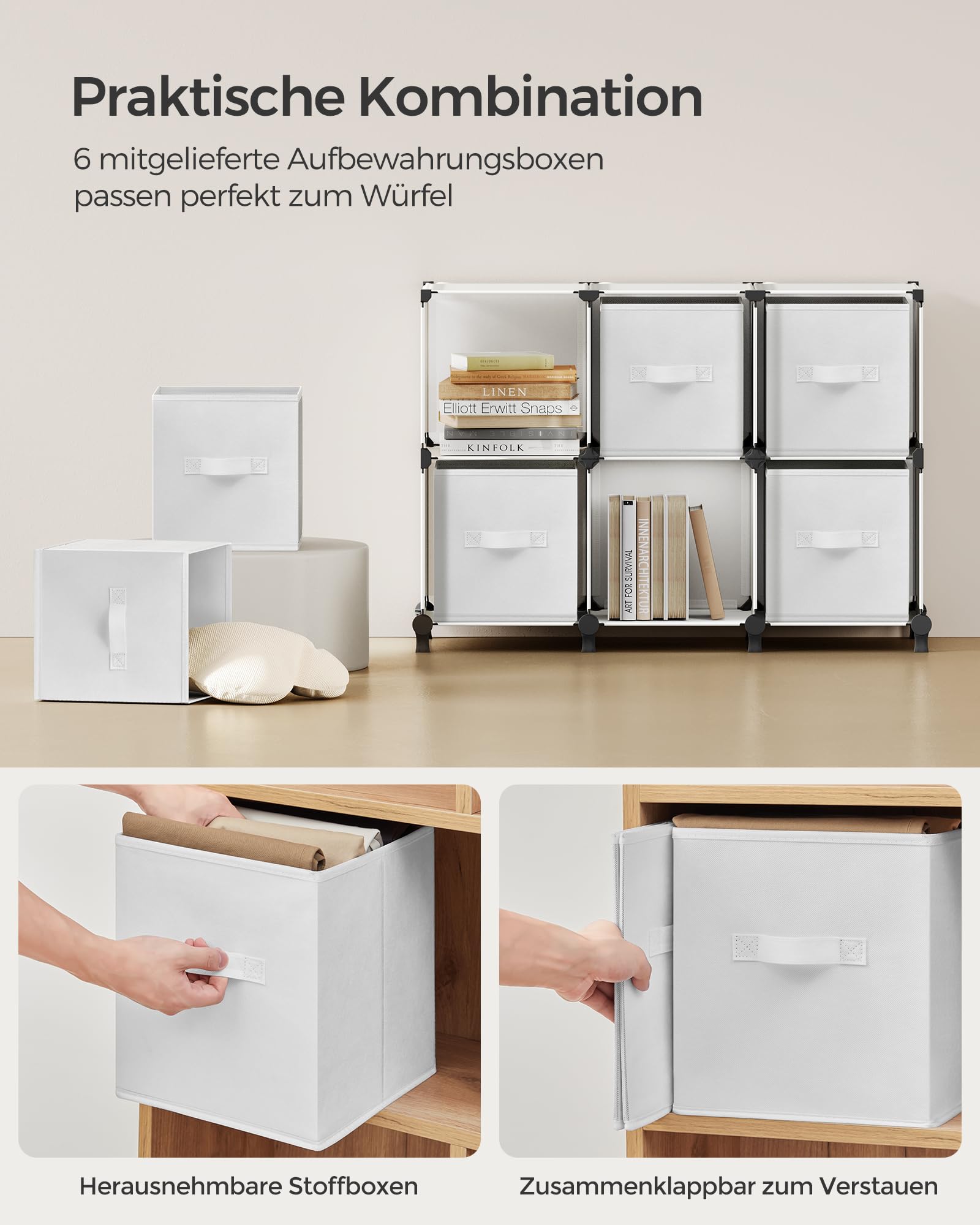 SONGMICS Würfelregal mit 6 Boxen, Regalsystem, Aufbewahrungsregal mit 6 Würfeln, DIY, erweiterbar, platzsparend, Schlafzimmer, weiß LPC062W06