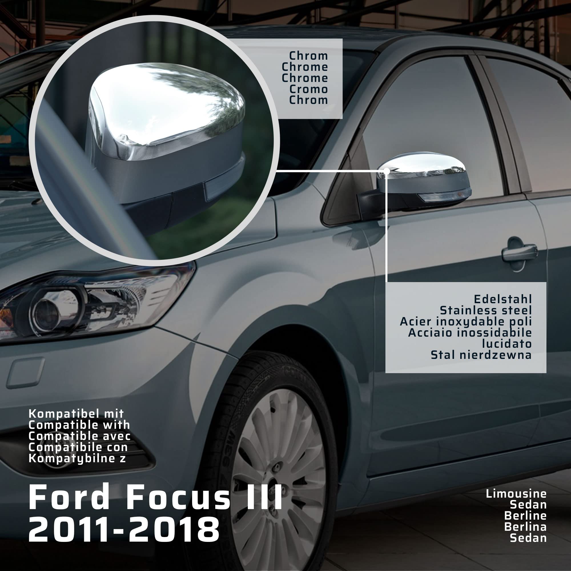 CHROMEMASTER | Nakładki na Lusterka Zewnętrzne | Kompatybilne z Ford Focus III Sedan 2011-2018 | Stal nierdzewna; Osłony Lusterek to Niepowtarzalny Wygląd Auta i Ochrona Przed Uszkodzeniem