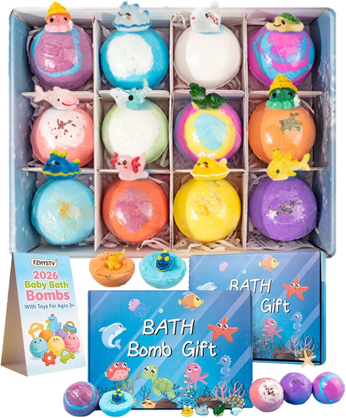 Bath Bombs Gift for Kids 3+, Splashy Rainbow Hatching Bubbly Buddies, Natural Bubble Treasure Gift Set with Mega Bubbles & Surprise Inside 12 Pcs Toys, Easter Basket Stuffer (24PCS/2Box)