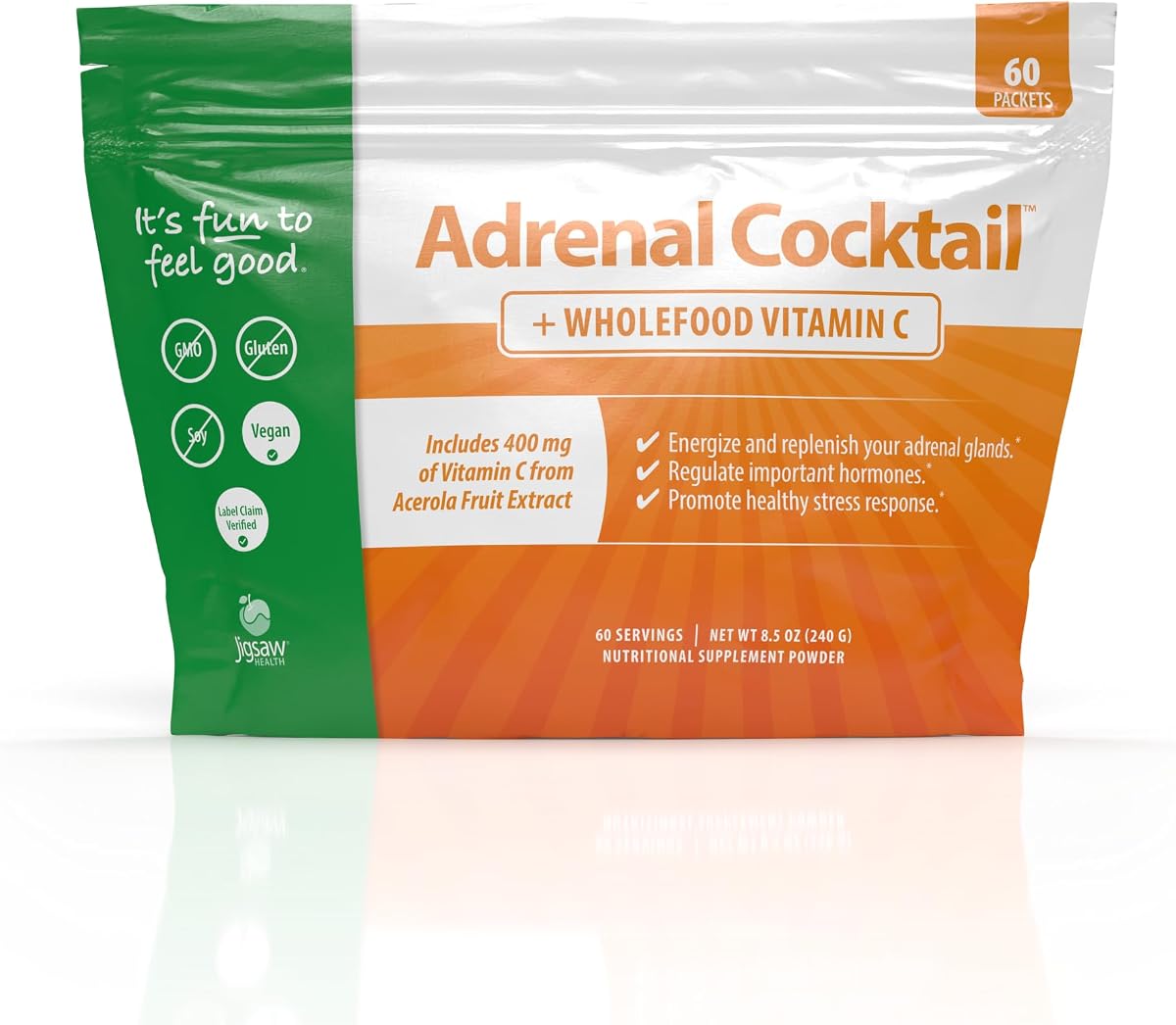 Cóctel suprarrenal de Jigsaw Health + vitamina C integral | con bicarbonato de potasio, sal marina y extracto de cereza acerola | 60 porciones (paquetes)