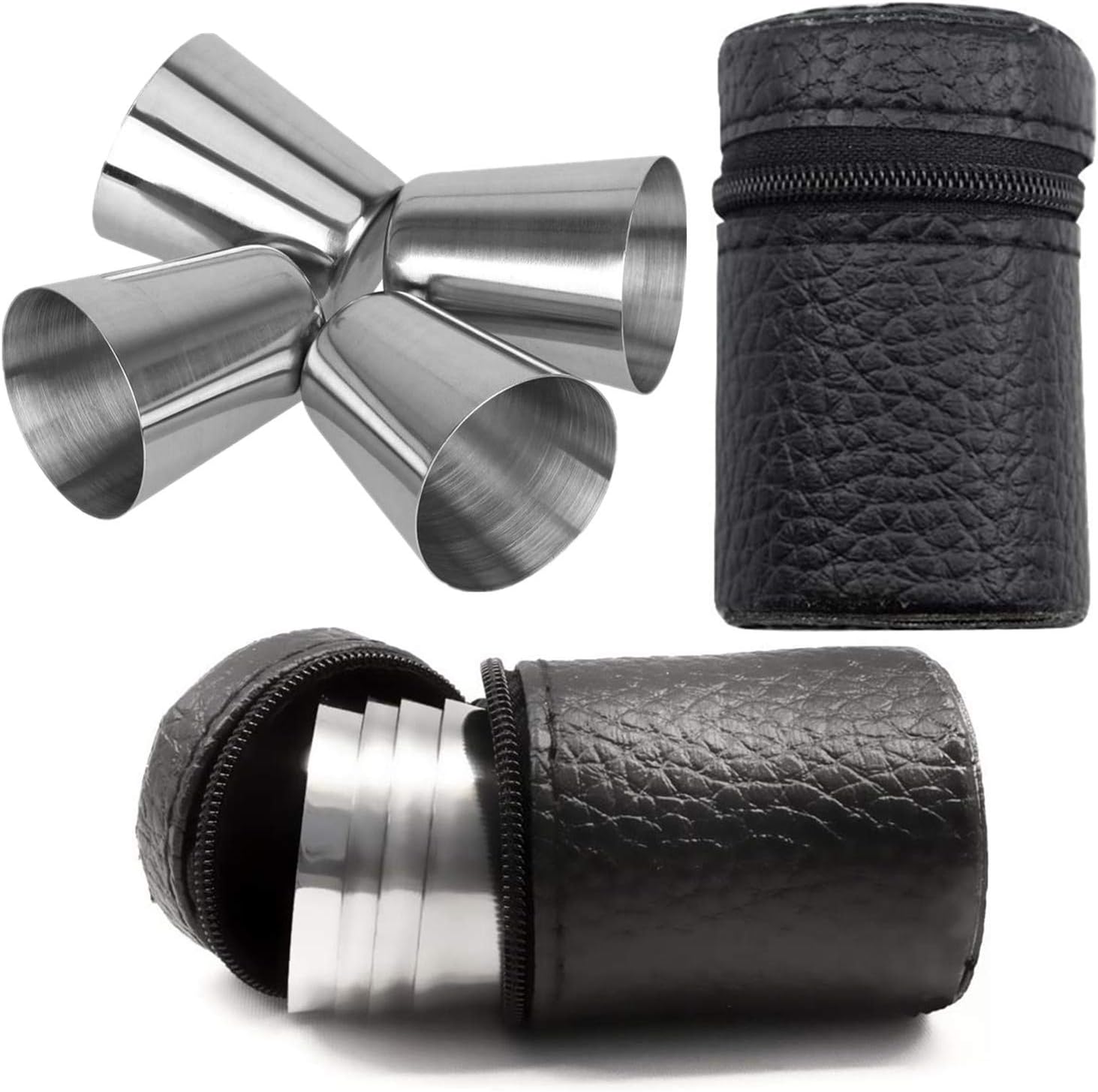 4 Pcs 30ml Stainless Steel Shot Glasses Unbreakable Wine Glass Schnapps Cups with 1 Pcs Portable Black Leather Case Set for Hiking Picnic Camping Travel