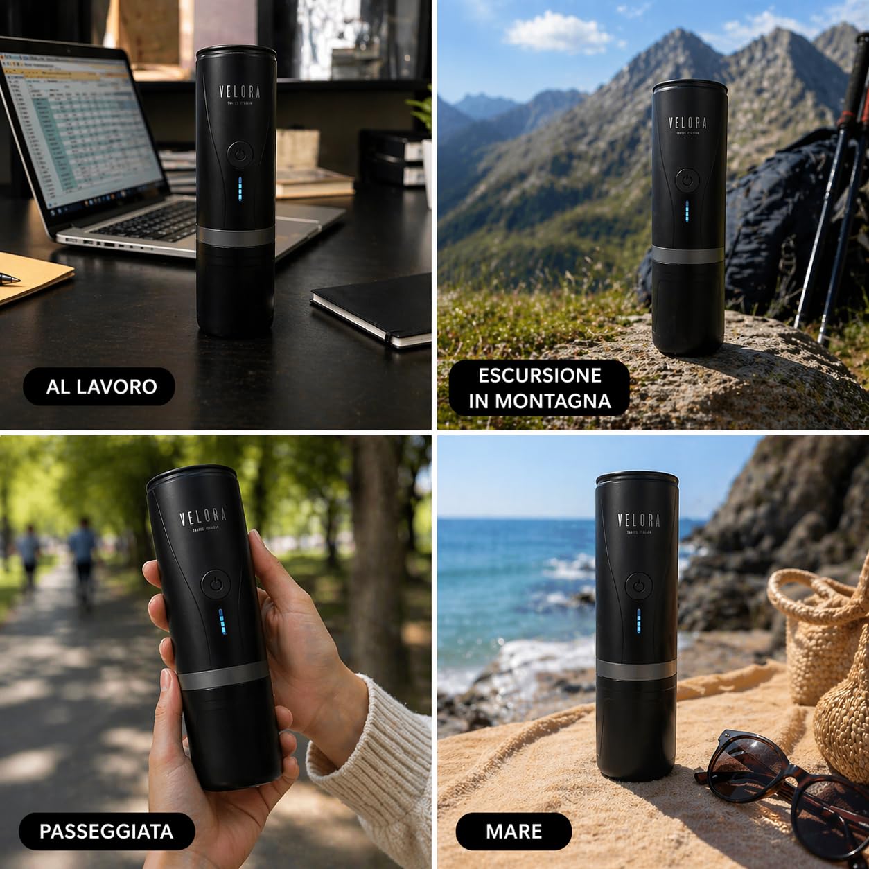 Generico VeloraTravelRitual Macchina Caffè Portatile – Espresso Ovunque, Compatibile Capsule e Macinato, Ricarica USB, Ideale per Auto, Viaggi, Camper e Outdoor