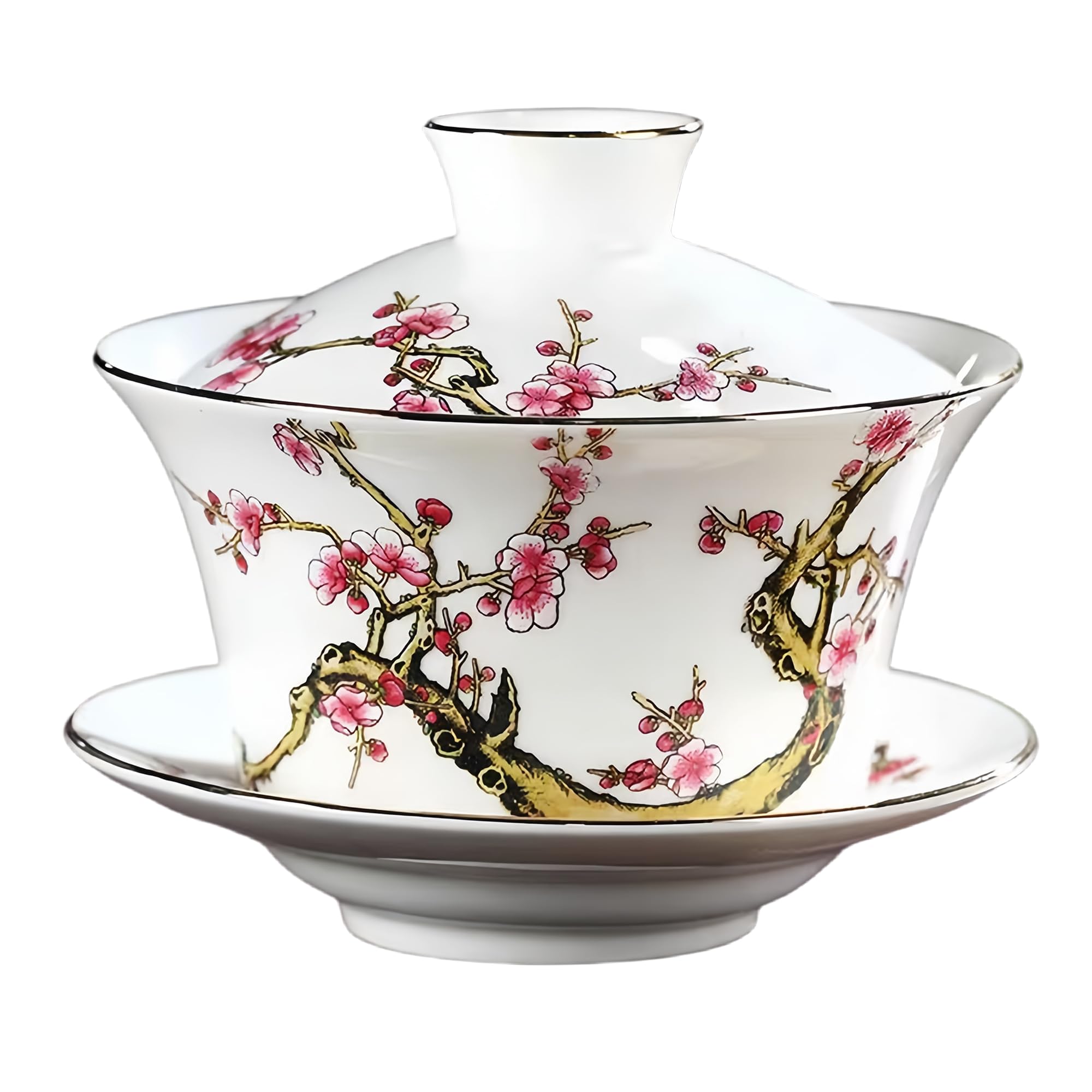 Gaiwan 300ml, Chinesische Teetasse mit Deckel, Traditionelle Porzellan Teebecher mit Reliefmuster für Pflaume, Weiß
