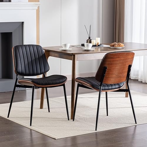 Dining Chairs Set of 2 Mid Century Modern Retro Design with Walnut Bentwood Back Upholstered Seat Metal Legs Adjustable Foot for Kitchen Dining Room