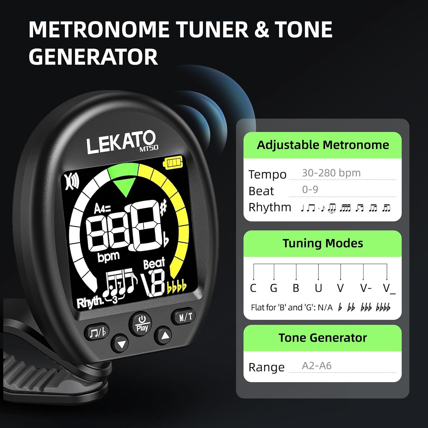 LEKATO Phosphor Bronze Acoustic Guitar Strings 10 Pack of 6 Strings Sets & LEKATO 3 in 1 Guitar Tuner, Clip On Tuner Metronome with Tone Generator