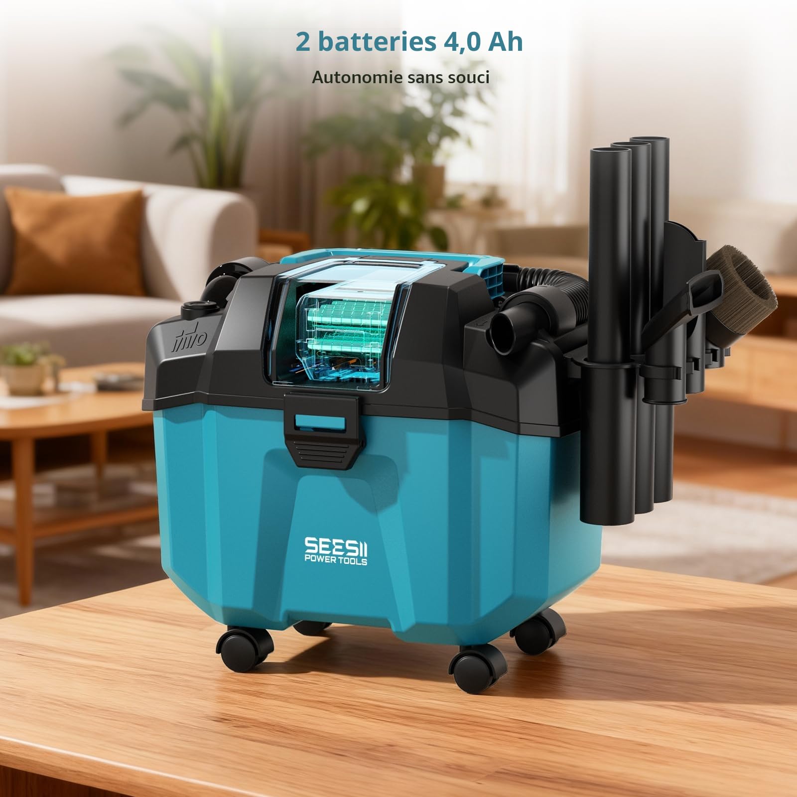 Seesii Aspirateur Eau et Poussière Batterie 8000 mAh (2x4000 mAh), Aspirateur Poussiere et Eau 10 L, avec Sangles, 4 Roues et Accessoires, Idéal pour Atelier, Chantier ou Voiture