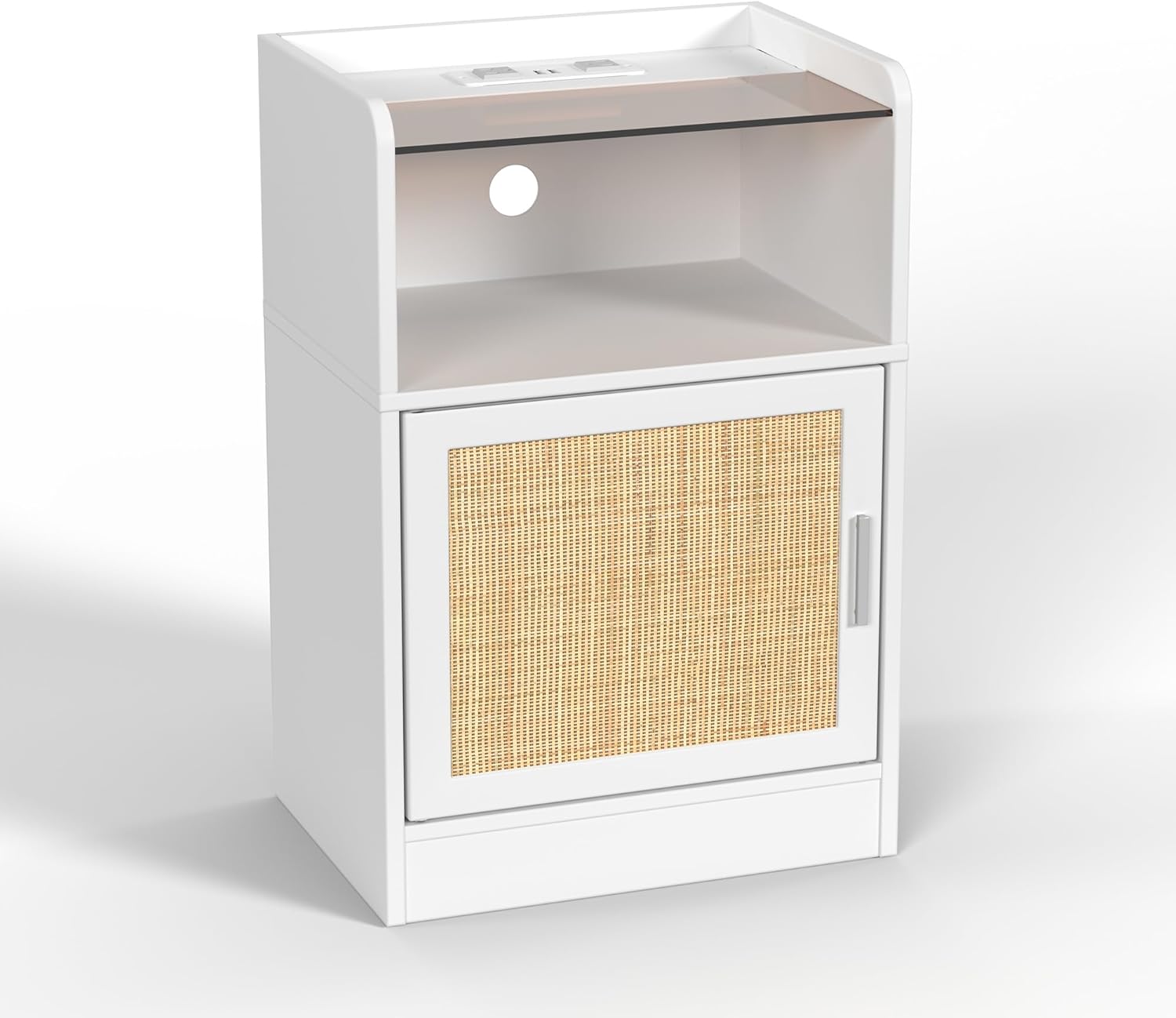 子供部屋や寝室に最適な、引き出し 2 つと収納キャビネットを備えたモダンな白いベッドサイド テーブル シンプルなナイトスタンド ナイトスタンド  無垢材エンドテーブル 収納引き出し2個付き ベッドサイドテーブル PUレザー ベッドサイド ベッドサイドキャビネット ベッド ... 充電ステーション付きホワイトナイトスタンド、ラタン製ドアキャビネットとオープンシェルフ付きガラストップベッドサイドテーブル、寝室収納