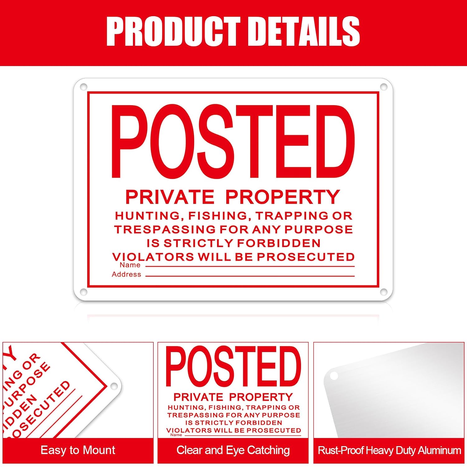 Tandefio 40 Pcs No Trespassing Posted Signs Large Private Property Reflective Aluminum Posted Signs No Hunting Fishing Trapping or Trespassing for Warning(Red,7 x 10 Inch)