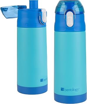 Bentology Stainless Steel 13 oz Reusable Water Bottle for Kids, Blue- Double Wall Insulated, Spill Proof Lid w/Built-in Straw- Keep Liquids Hot or Cold- Easily Fits in Lunch Boxes & Bags