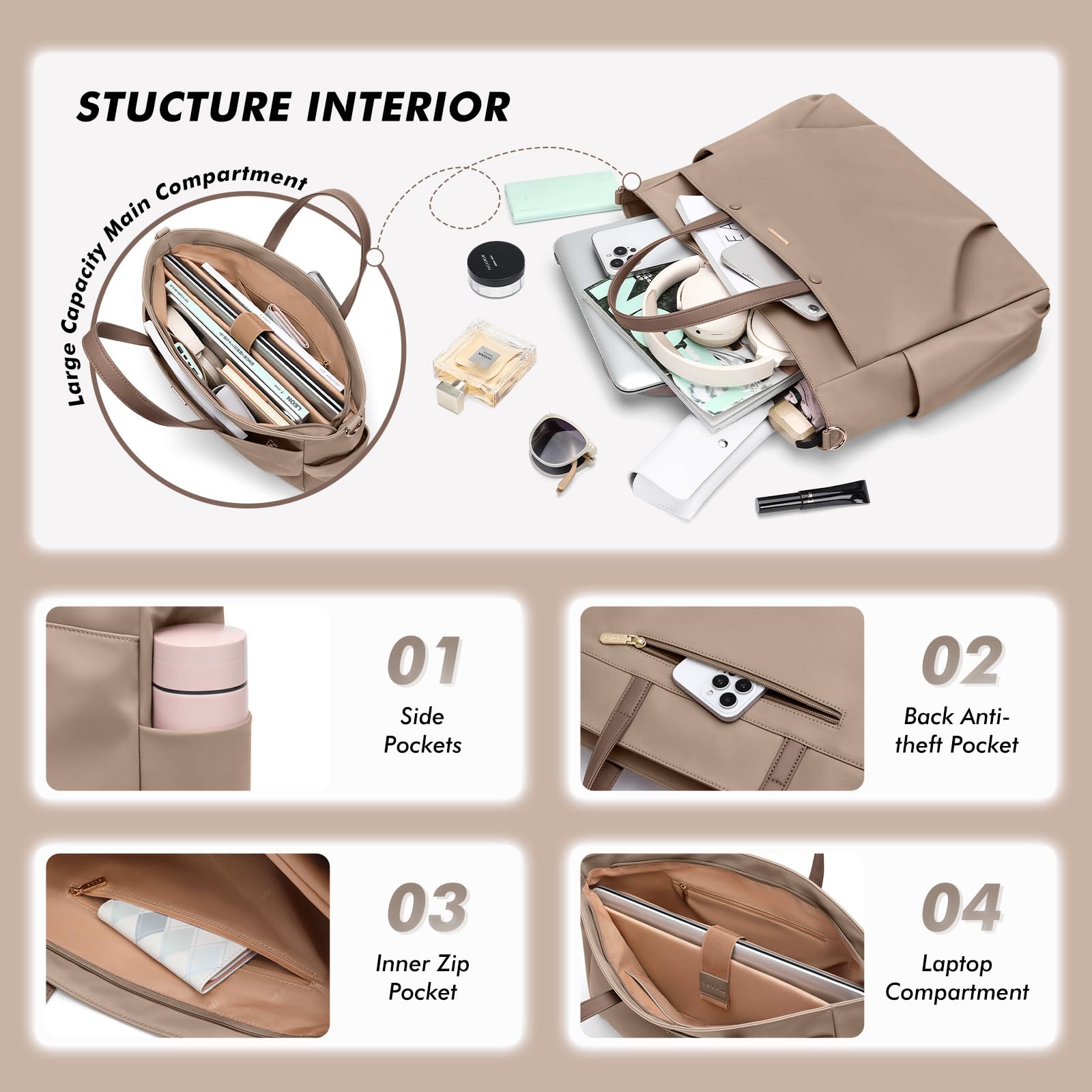 GOLF SUPAGS Borsa Tote per Laptop da 15.6 Pollici, Borsa a Tracolla per Computer Borsas da Lavoro Grande per Donna, Custodia per Laptop Borsas Elegante per Viaggi D'affari (Champagne)