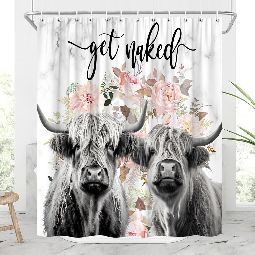 Highland Cow Shower Curtain Get Naked Funny Cute Bull Cattle Country Pink Floral Farmhouse Wild Animal Bathroom Curtains Polyester Fabric Set with Hooks 106Wx70H Inch