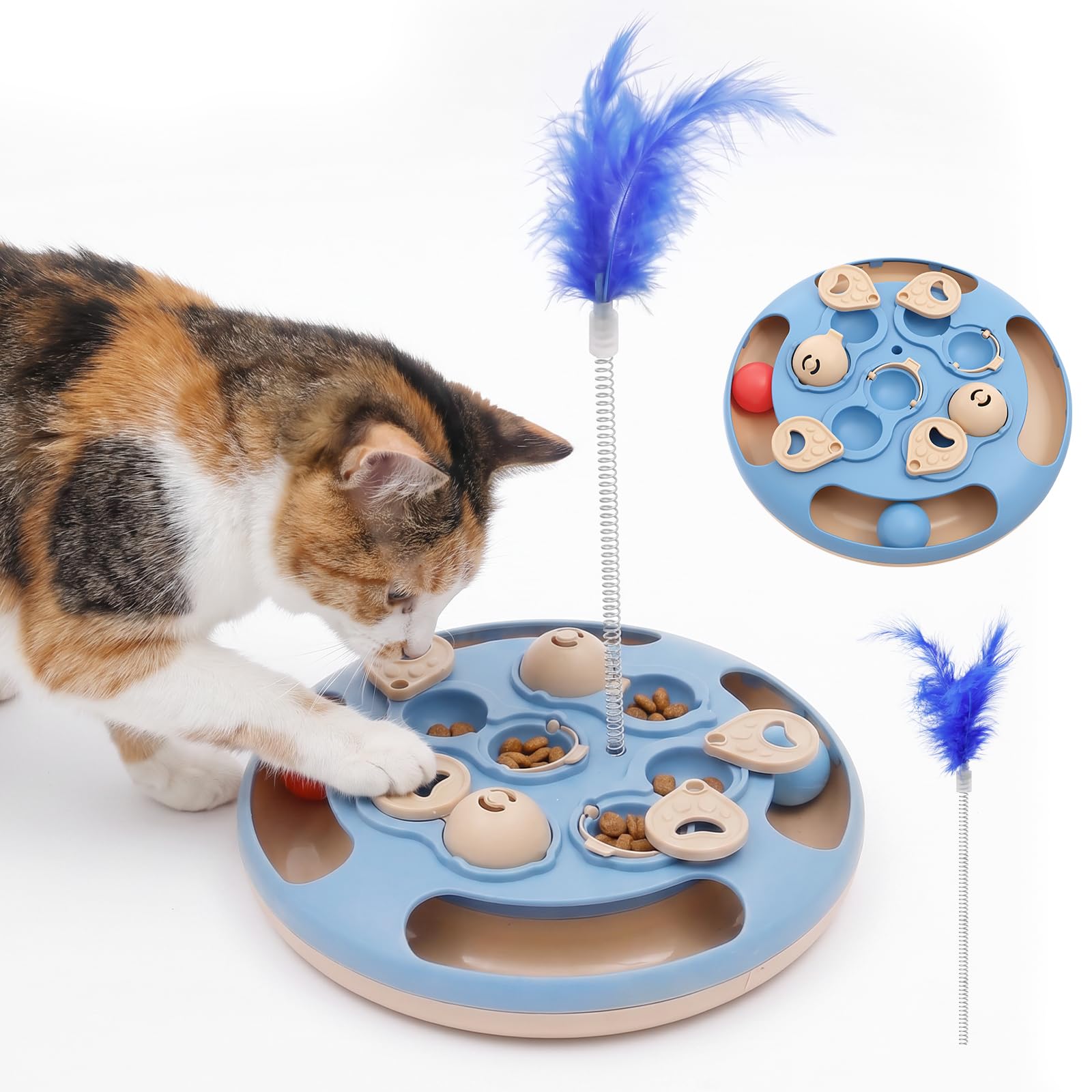 Eyoulife Cat Puzzle Toys Games Level 3 in 1 with Track Balls, Feather Teaser & Treat Feeder | Non-Slip Base | Mental Stimulation Enrichment for Indoor Cat, Dogs| Kitty Gift (Blue)