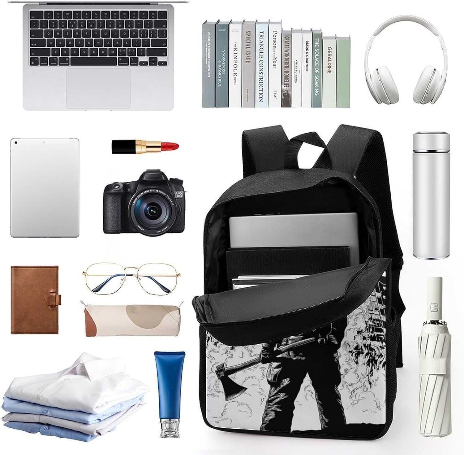 U.S.A. Firefighter Fight Flames Unisex Backpack 17" Casual Daypacks Simple Shoulders Bag for Camping Hiking Travel Gear