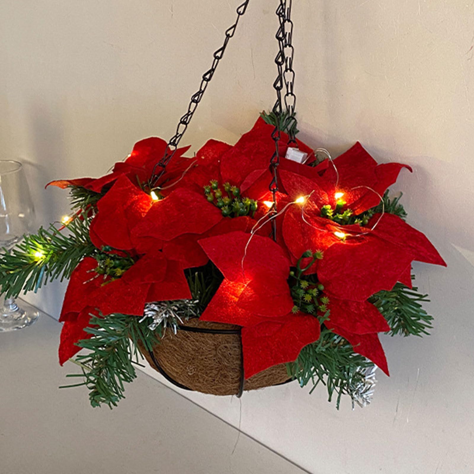 Festive LED Artificial Poinsettia Floral Arrangement Hanging Basket Red Flowers For Home Christmas Decoration Red Flowers For Christmas Decor