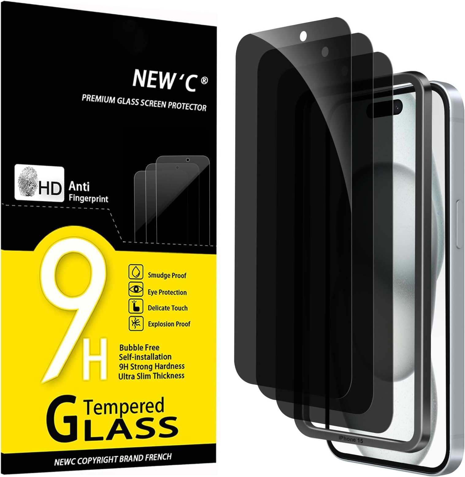 NEW'C Pack of 3 Privacy Screen for iPhone 16, iPhone 15 for Tempered Glass (6.1 Inches), Privacy Screen with Anti-Spy, Free from Scratches, Easy Installation Tool Included