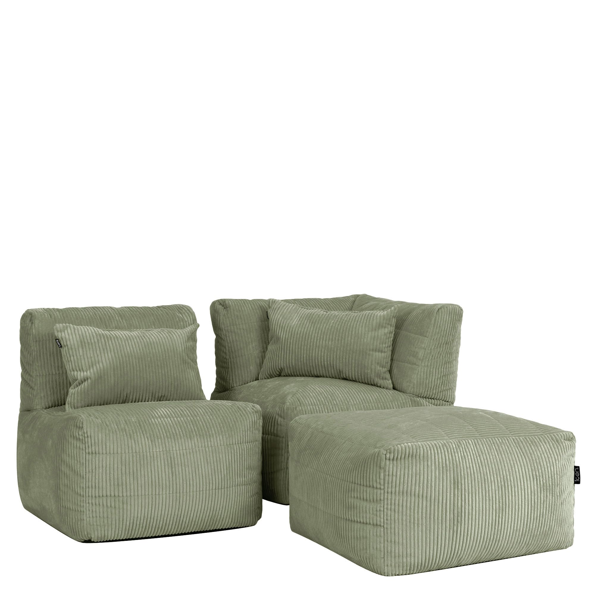 icon Noa Bean Bag Sofa, Sage Green, 3 Seater, Corduroy Modular Boneless Sofa, Bean Bag with Filling Included, Living Room, Living Room Furniture