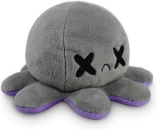 Reversible Octopus Plushie - 4-Inch Happy Purple + Dead Gray Two-Sided Flip Plush Toy with Embroidered Details - Cute Mini Collectible Plush for Kids, Teens, and Adults