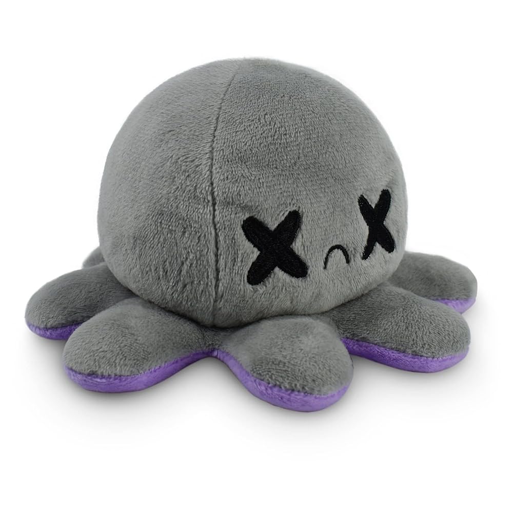 TeeTurtle - The Original Reversible Octopus Plushie - Happy Purple + Dead Gray - Cute Sensory Fidget Stuffed Animals That Show Your Mood