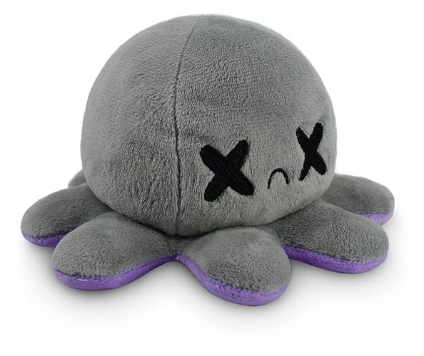TeeTurtle Reversible Octopus Plushie - 4-Inch Happy Purple + Dead Gray Two-Sided Flip Plush Toy with Embroidered Details - Cute Mini Collectible Plush for Kids, Teens, and Adults