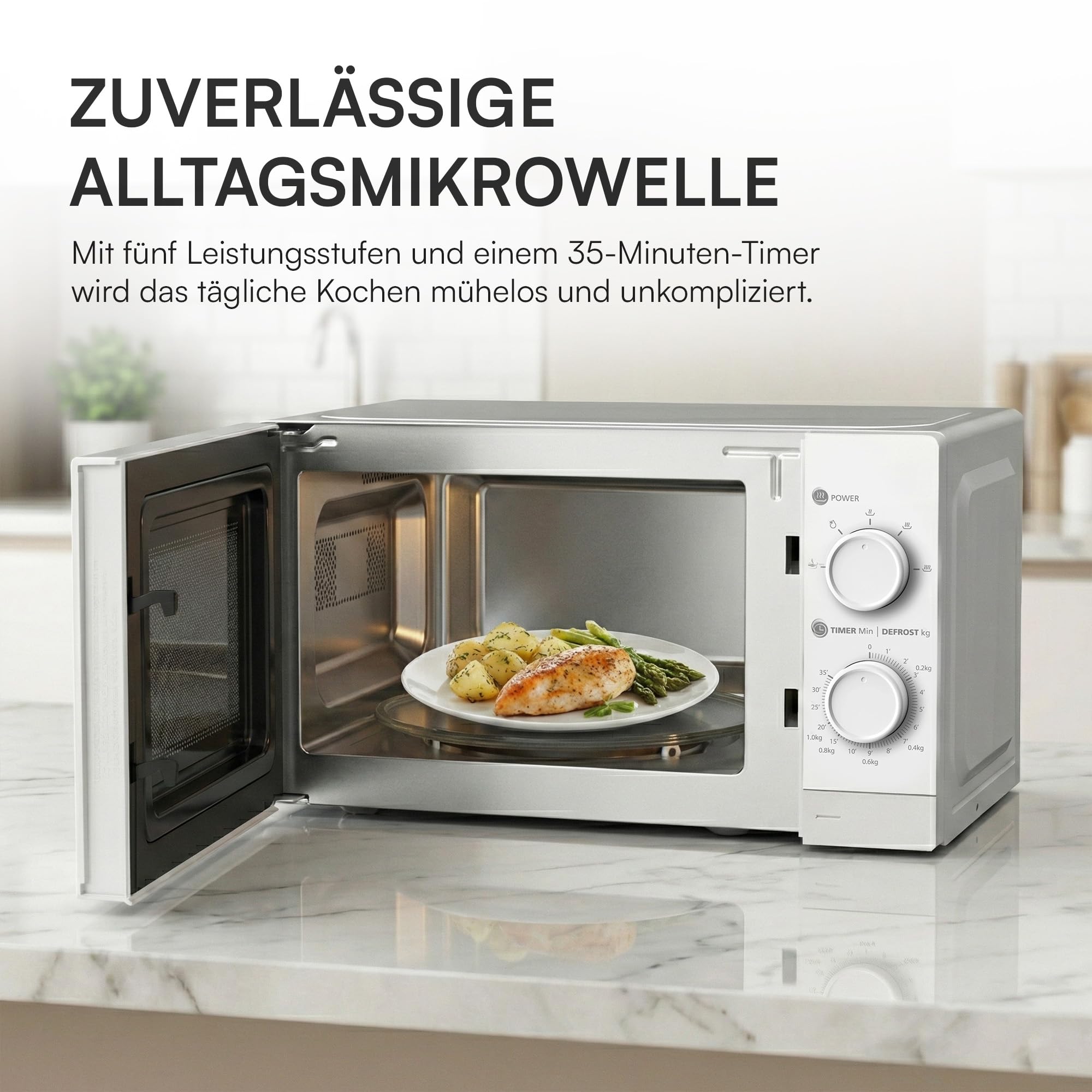 HMW-MD20MWH Mikrowelle • 20 L - 700 W, Manuelle Bedienung - 5 Leistungsstufen, Auftaufunktion - Drehregler - Weiß, 3 Jahre Garantie