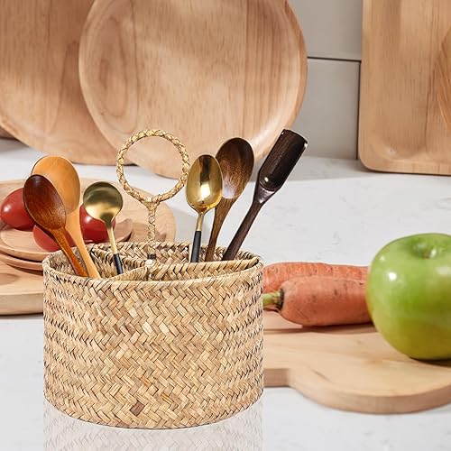 Miniatura 7 de YIFANZHIBIAN Soporte para cubiertos, organizador de utensilios de algas marinas tejido a mano, soporte para cucharas, organizador de utensilios para