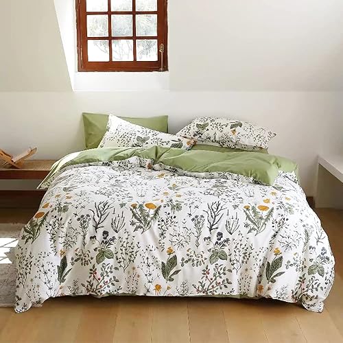 Juego de edredón botánico tamaño Queen, color blanco y verde salvia, juego de ropa de cama floral con patrón de jardín impreso en blanco, manta