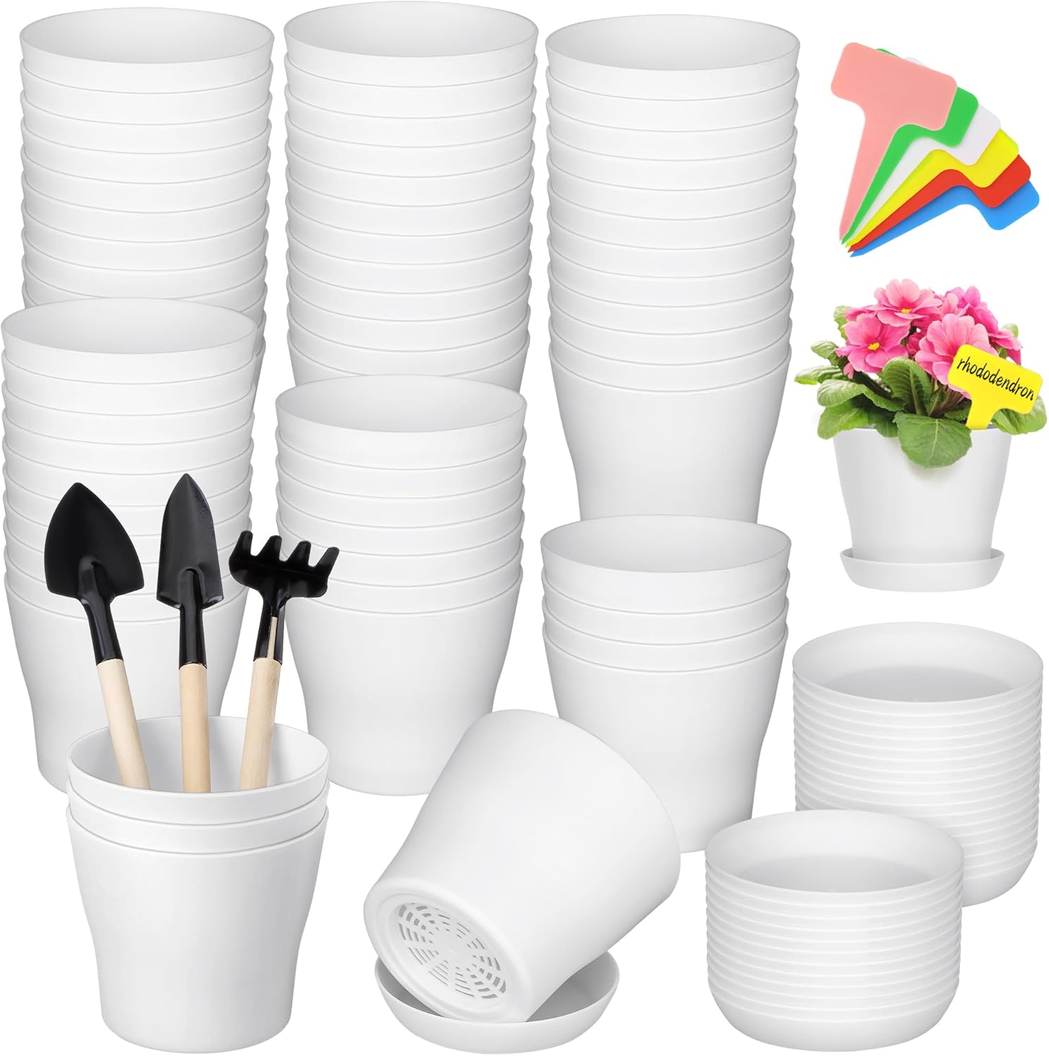 60 Pieces Plastic Planters 4 Inch Flower Pot with Trays Labels Multicolor Flower Plant Pots Plants Nursery Pots Flower Seedling Nursery Pots for Indoor Outdoor Plant, Herb, Succulent, 10 Color