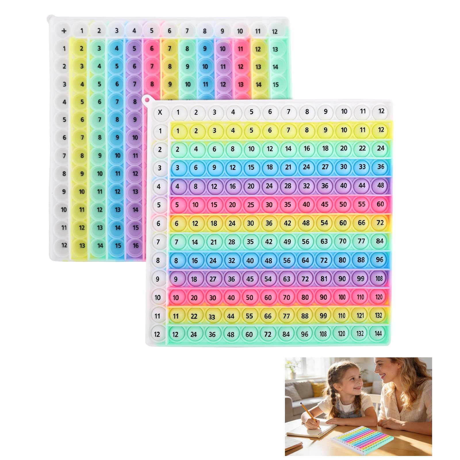 Penitue Rainbow Multiplication Table Game 12x12, Double-Sided Math Learning Mat Board with Addition Chart Interactive Pop Fidget Toy for Kids Classroom Homeschool Educational Tools (White Border)