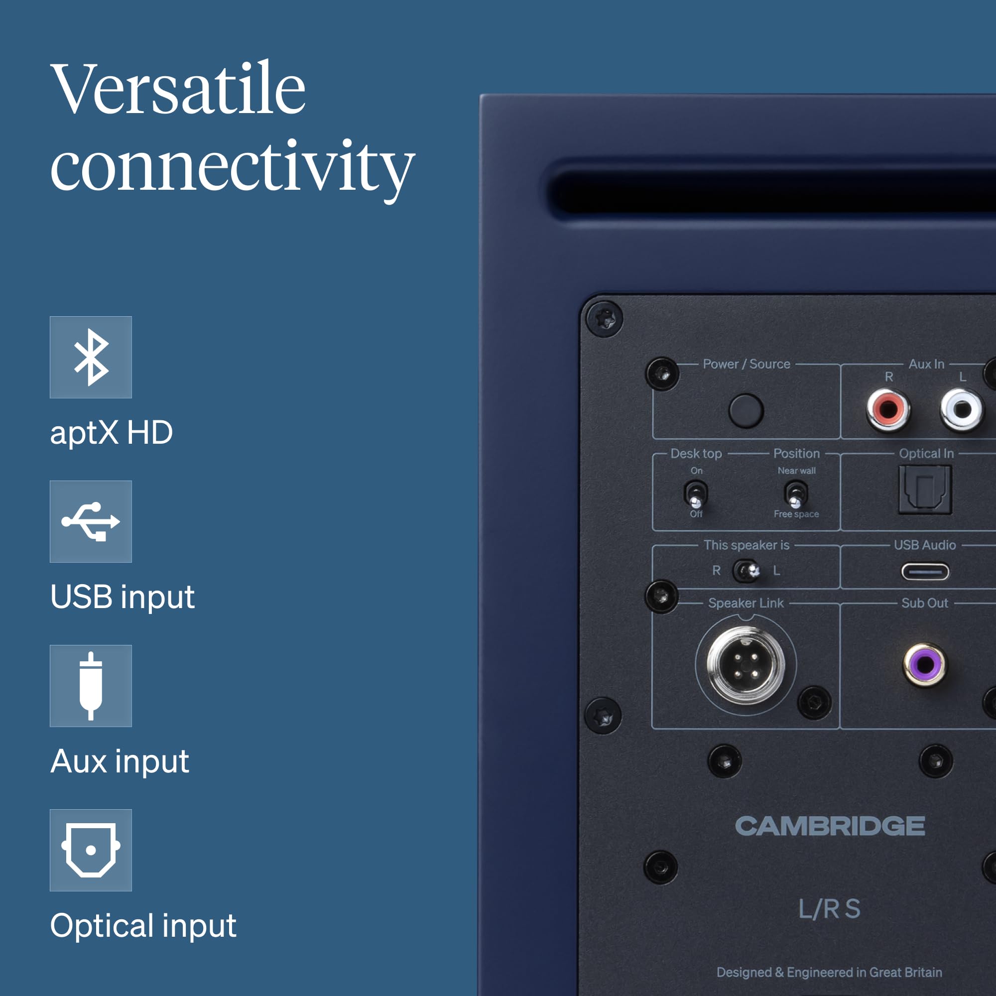 Cambridge Audio L/R S - 100W Diffusori Stereo Attivi Compatti con Bluetooth aptX HD, USB Audio, Ingressi Aux & Ottico, Uscita Subwoofer, Telecomando, Room Positioning, DynamEQ – Blu