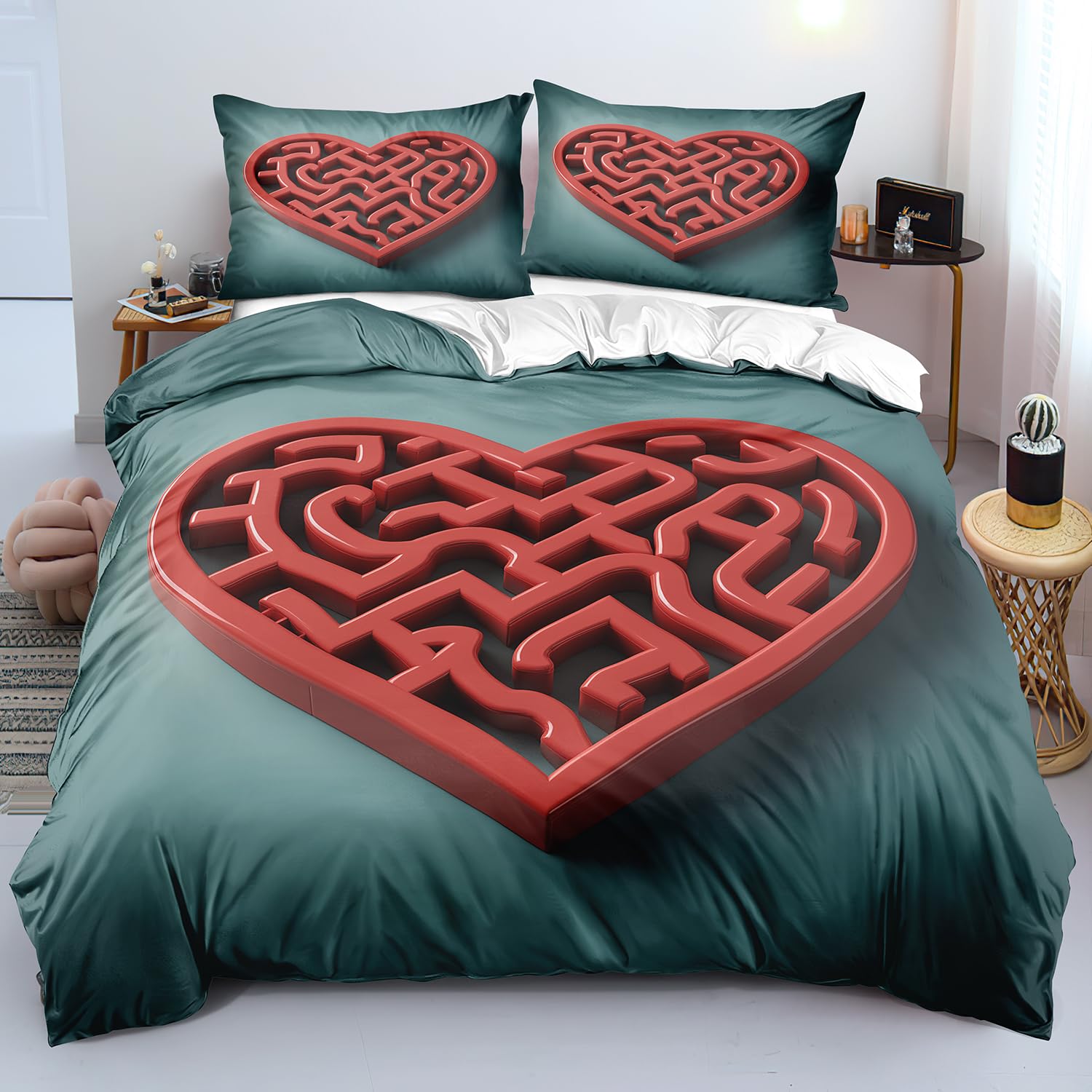 Housse de Couette Labyrinthe Cœurs Rouges Parure de Lit 260x240 Décoration 3D