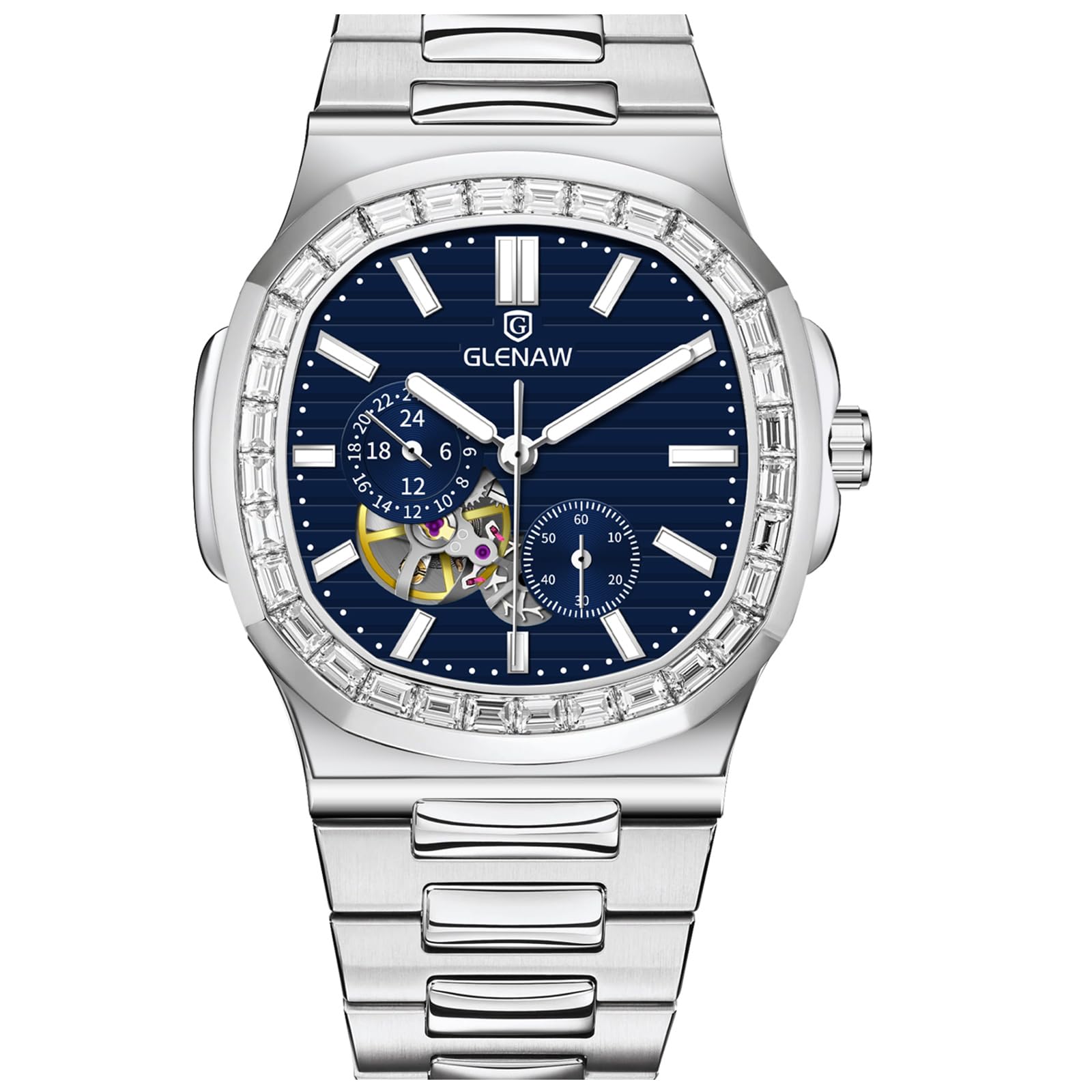 GLENAW Automatische Tourbillon-Uhren für Herren, quadratische Skelett-Uhr, Edelstahl, selbstaufziehend, mechanische Uhr, Armbanduhr