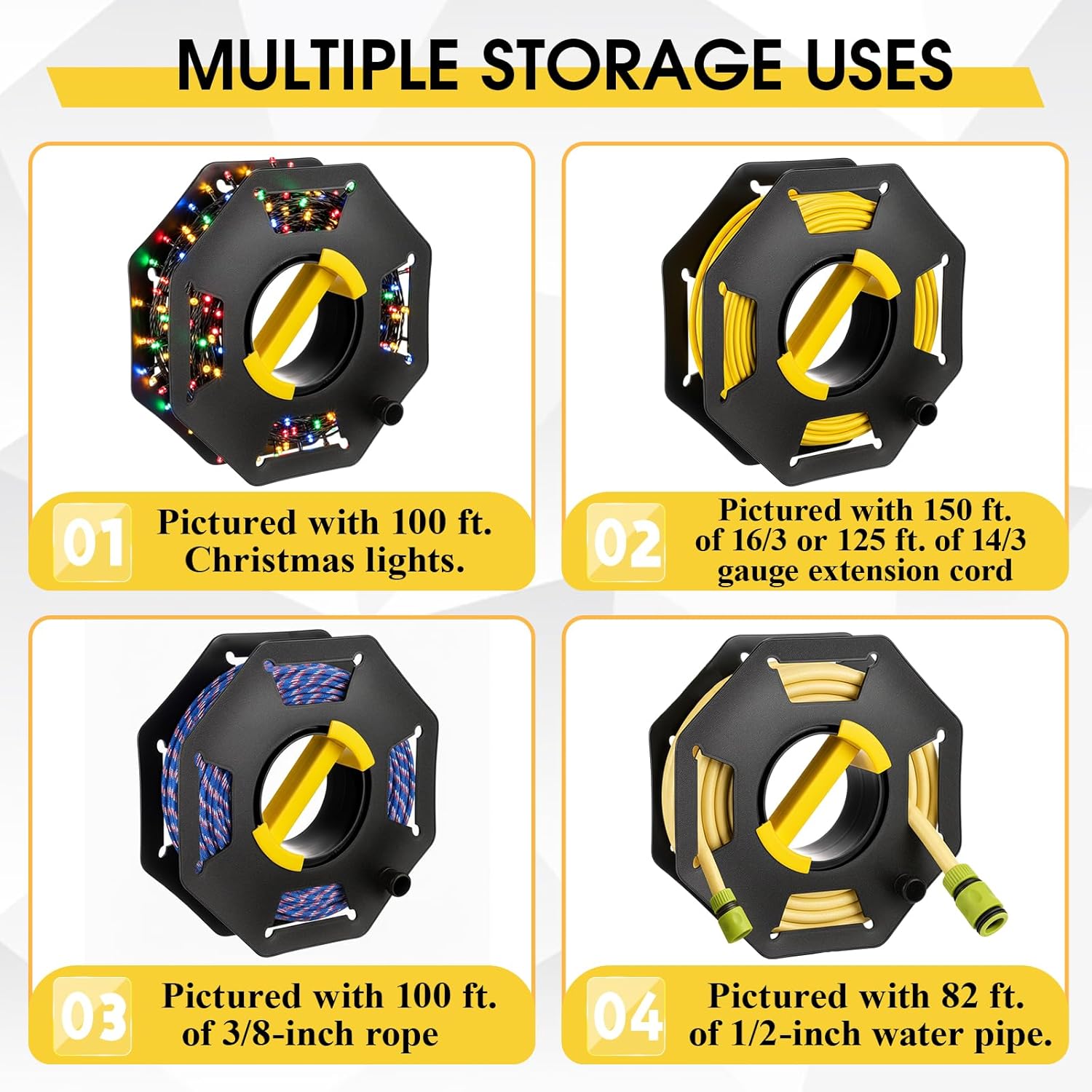 Ripeng 3 Pcs Extension Cord Storage Reels, Holds up to 150 Feet of 16/3 or 125 Feet of 14/3 Gauge Cord, Plastic Cable Winding Wheel Tangle-free with Central Handle for Extension Cords Rope Hose
