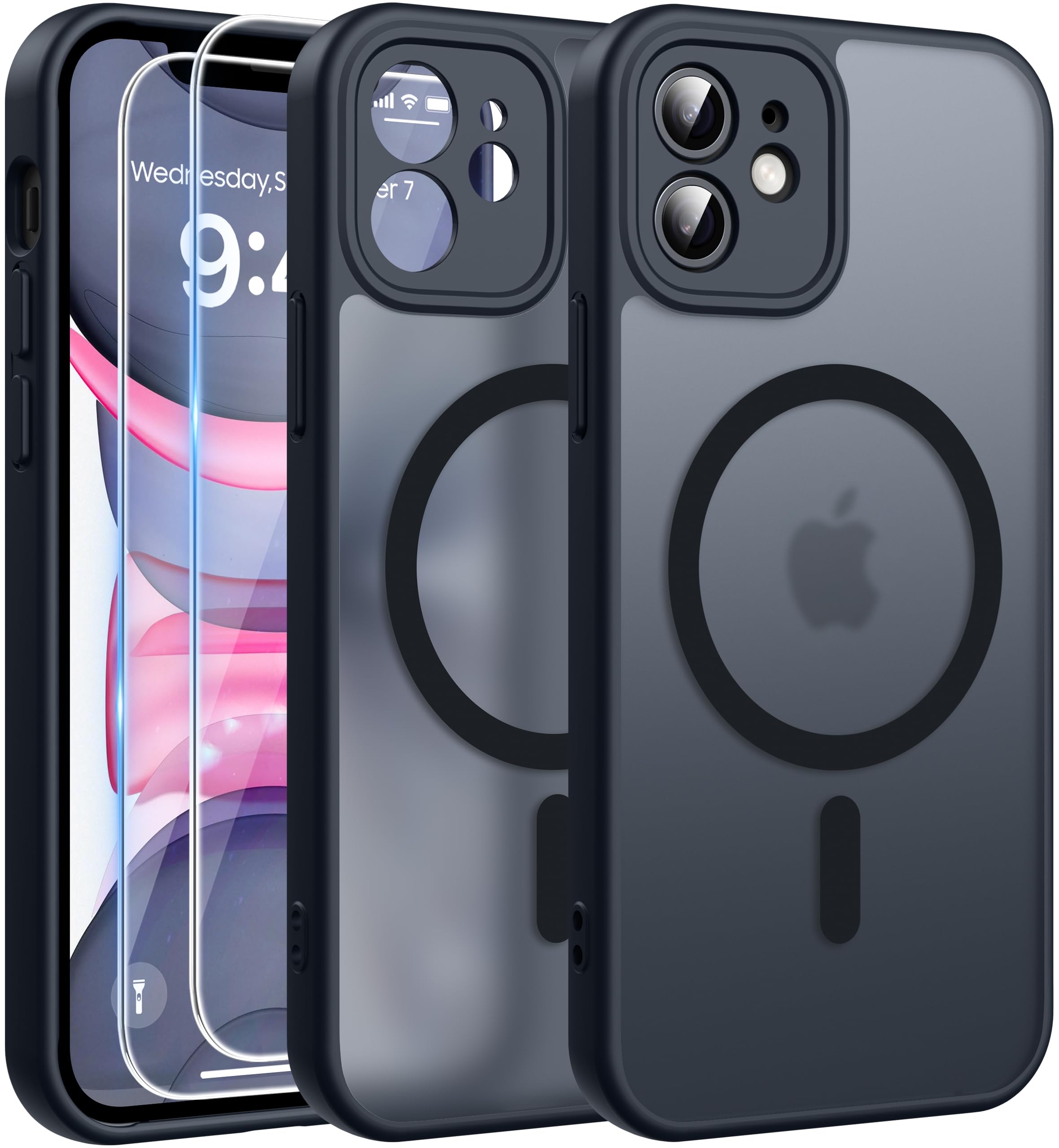 FLLAO Magnetica Cover per iPhone 11, Nero | Compatibile con MagSafe, con 2 Pezzi Vetro Temperato Pellicola, Protezione Fotocamera, Custodia Traslucida Opaca Antiurto
