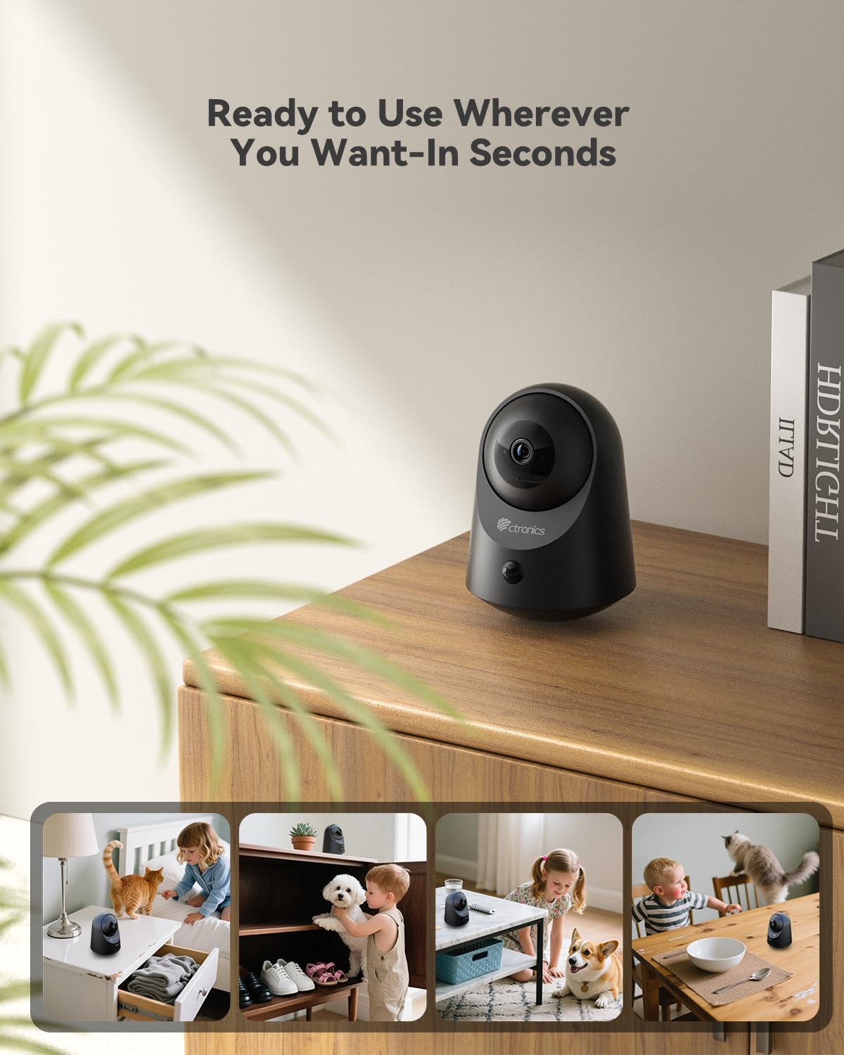 Ctronics 2K 3MP Telecamera Interno Senza Fili a Batteria, Nero | Visione Notturna IR 20m, PC/App, 128GB/Cloud, Rilevamento PIR, Audio Bidirezionale, 360° PTZ, WiFi 2.4GHz