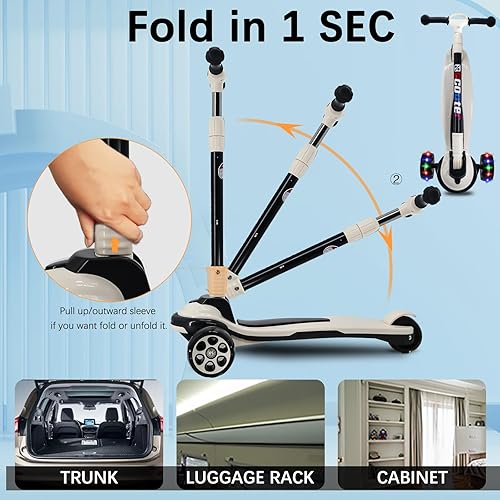 Miniatura 6 de Patinete de 3 ruedas para niños y adolescentes de 6 a 18 años, cubierta extra ancha, 4 alturas ajustables y manubrio plegable, LED intermitente,