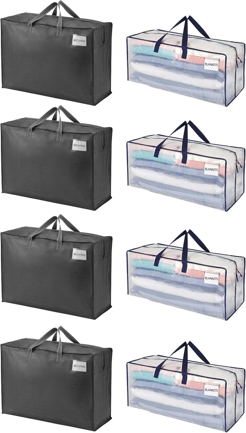 VENO 8 Pack Moving Bags (4 Pack Moving Bag with Backpack Straps + 4 Pack Extra Large Moving Bags)