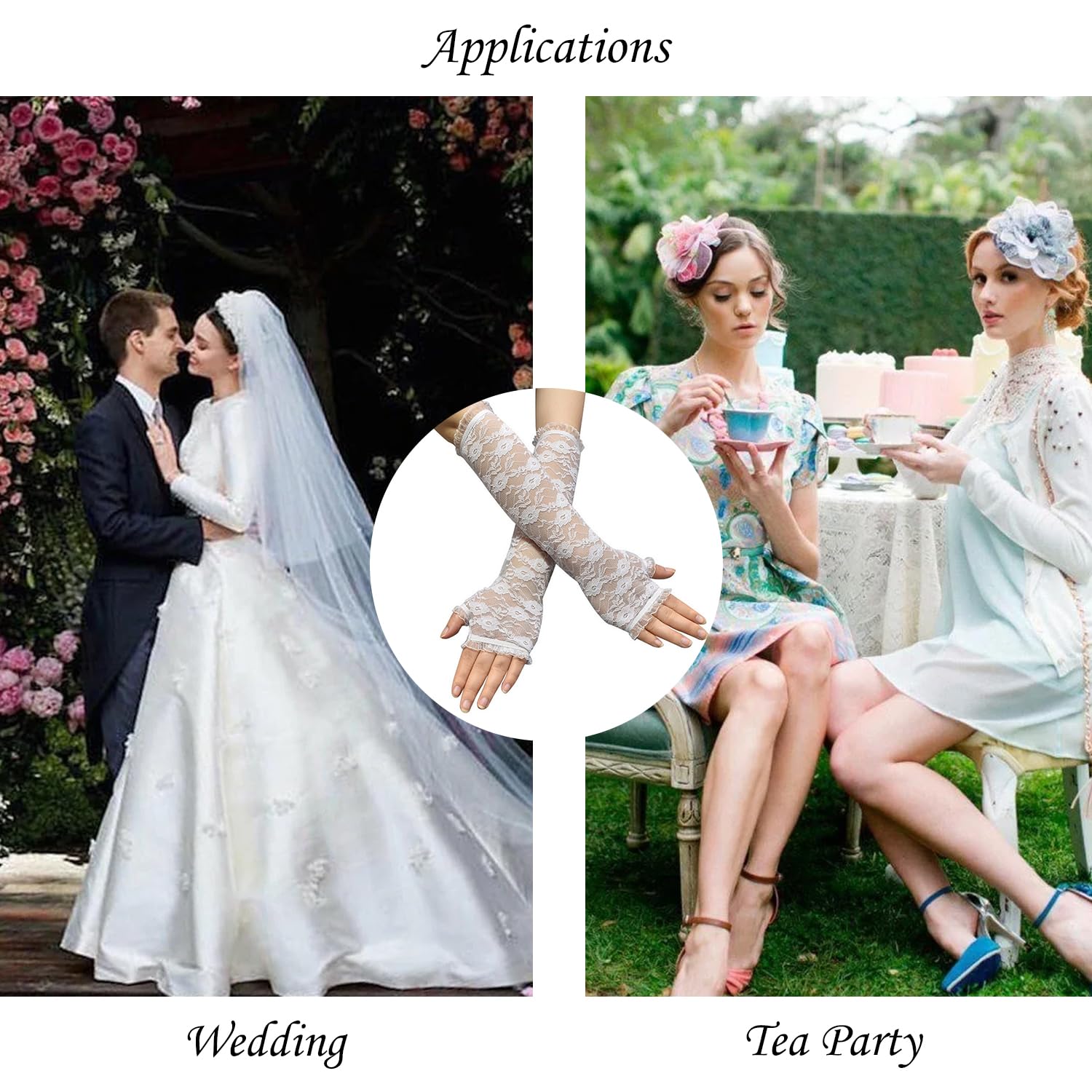 Sihaby Lady's Long Elegant Gloves,Fingerless Lace Bridal Gloves,Blacl White Floral Lace gloves for Wedding Opera Halloween Evening Party Tea Party - Image 3