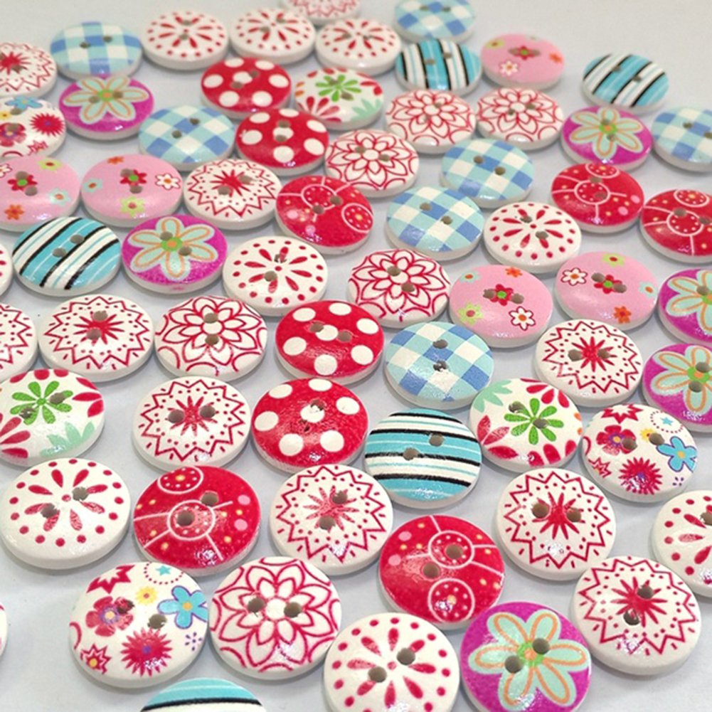 100 Bottoni Decorativi in Legno con 2 Fori e Fiori di Colore