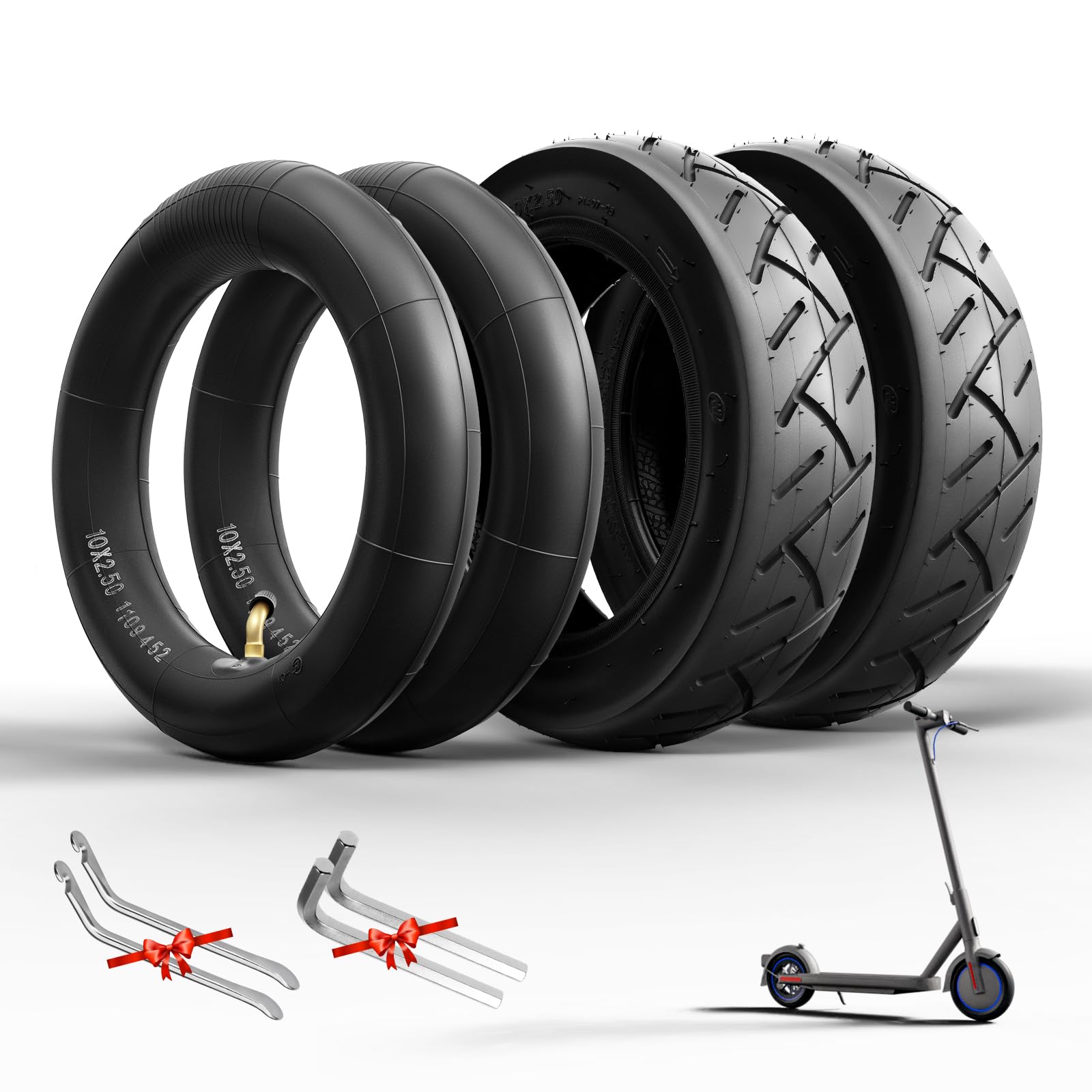 Cooryda E-Scooter Tire 10x2.5, 60/70-6.5 for Ninebot G30 Max /G30D/G30LP,E-Scooter Spare Tube+Tire Set for Front/Rear Curved Valve(2 Inner+2 Outer)