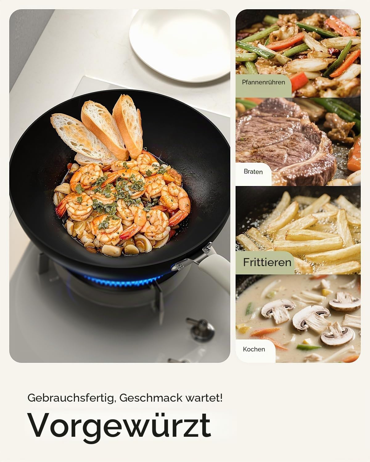 Karbonstahl Woks & Wokpfannen 30 cm, vorgebrannt, flacher Boden, Wokpfanne induktion mit Deckel, leichtes Kochgeschirr für alle Herdplatten, Wok pfanne für Gas und Elektro, Wok induktion