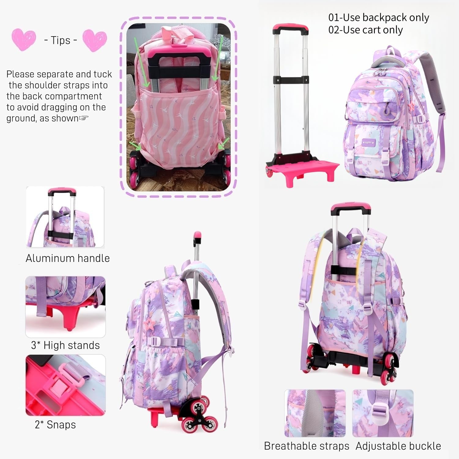 Kids Rolling Backpack for Girls School Backpack with Wheels for Girls Wheeled Bookbags Roller Trolley Bags for Primary Students, 2-Wheel Pink - Image 6