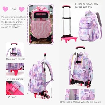 Kids Rolling Backpack for Girls School Backpack with Wheels for Boys Wheeled Trolley Bookbag for Primary Student