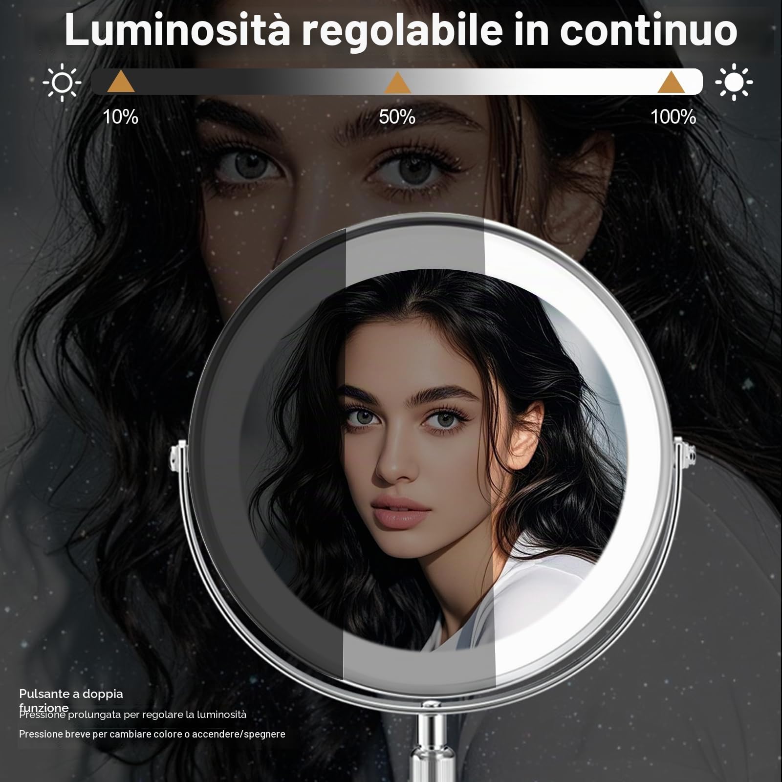 SURFOU Specchio Trucco con Luci 8“ Ricaricabile, Doppia Faccia con Ingranditore 10X/1X, 3 Modalità Luce LED, Altezza Regolabile e Rotazione 360°, per Camera da Letto e Viaggio